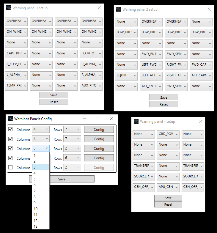 Warning lights custom panels configuration